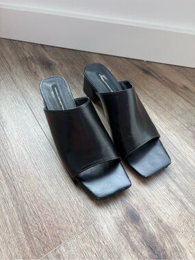 French Connection Black Leather Square-Toe Mule Heels